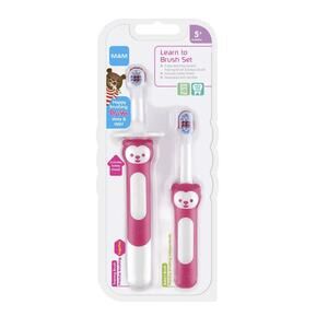 NEW MAM Pink Learn to Brush Toothbrush set for baby 5+ months Training Shield!